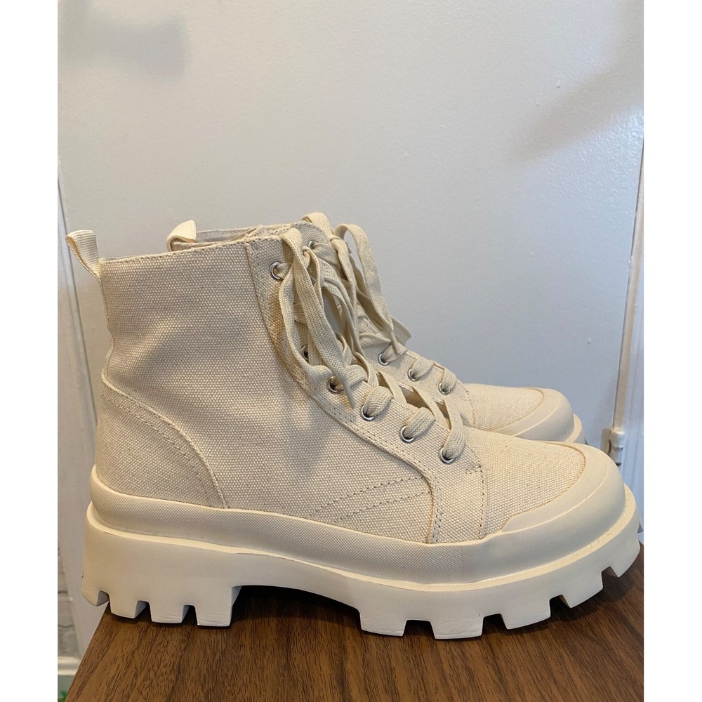 Steve Madden Women 10M natural canvas Tanker Combat style high Boots lightweight